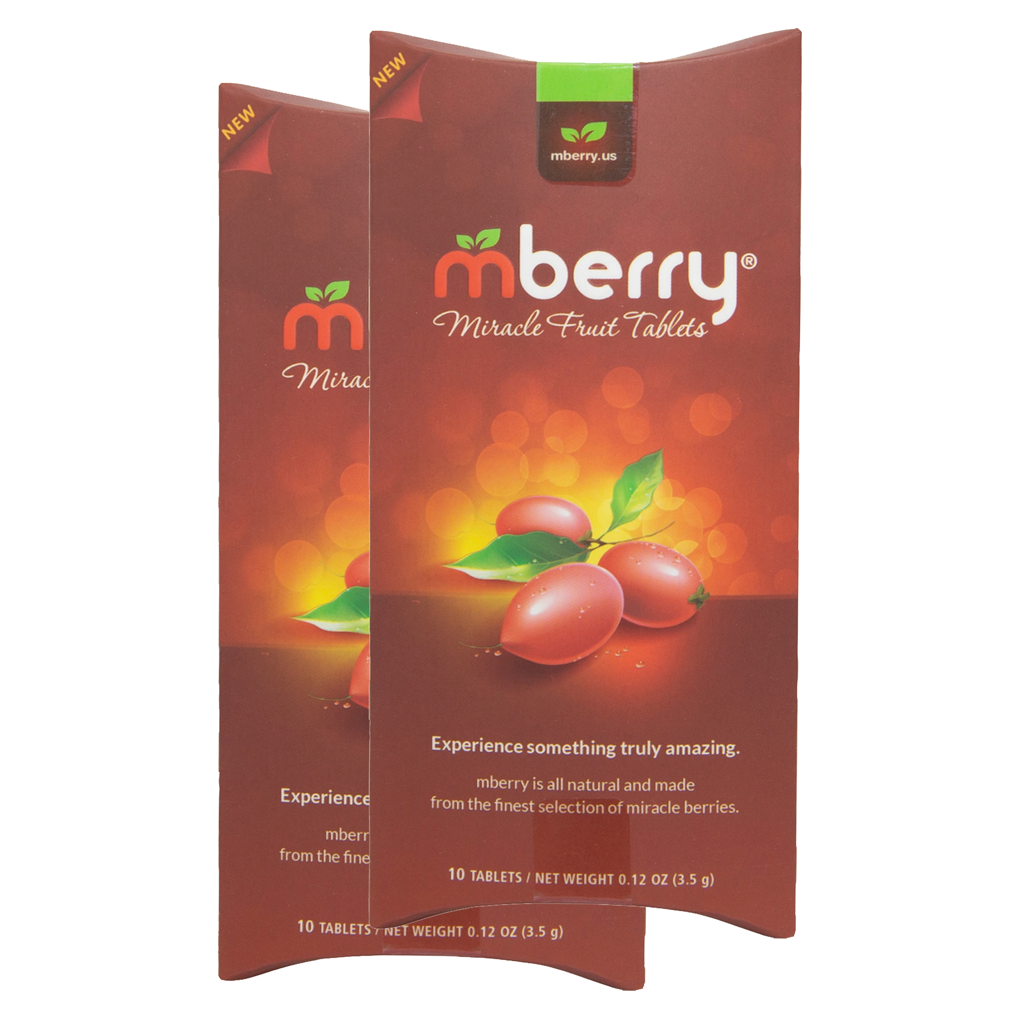 Mberry Miracle fruit tablets has a red packaging with the mberry logo, 3 berries and 2 green leaves. There are 2 packages
