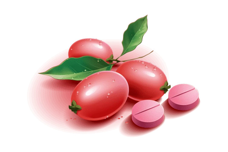 Three miracle berries clustered together with 2 leaves and with water drops. MIracle berries are ellipse shaped fruit red in color. Two miracle fruit tablets next to the berries