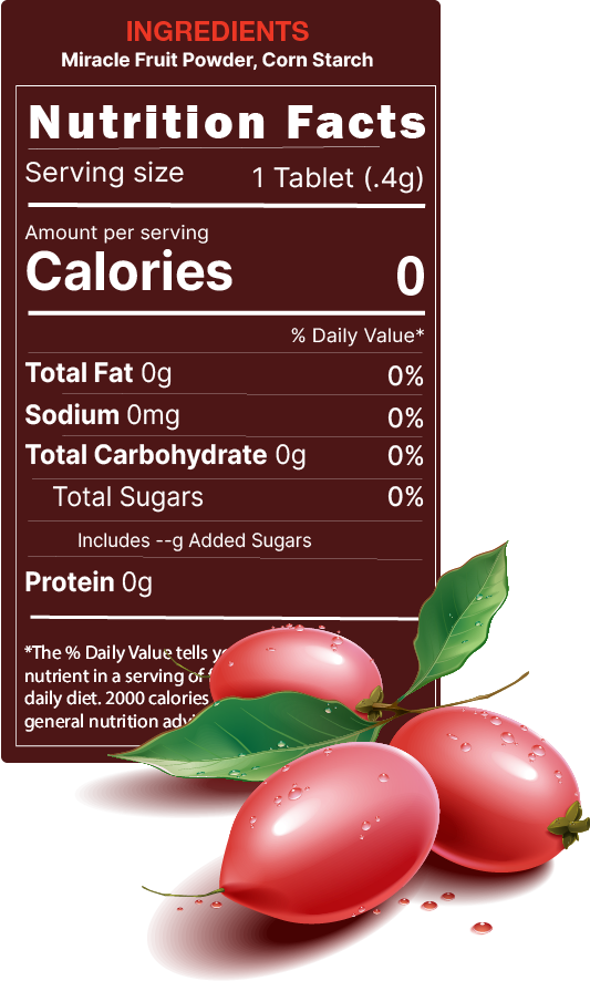 Mberry miracle fruit tablets ingredients which include miracle fruit powder and cornstarch. Tell us it is 0 calories, 0g total fat, 0 mg sodium, 0g total carbohydrate, 0g total sugars, no sugar added. There are 3 miracle berries on the nutrition label graphic. The berries are in an oval shape in red color with the water drop on the berries. There are 2 green leaves between the berries.