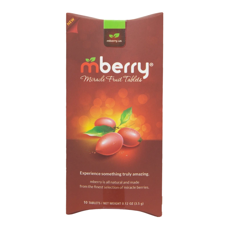 Mberry Miracle fruit tablets has a red packaging with the mberry logo, 3 berries and 2 green leaves.